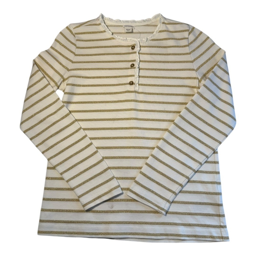 Crewcuts Girls Size 8-9 Long Sleeve Glitter Stripe‎ Henley Shirt Top White Gold